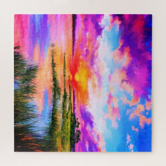 Prachtige Lake Sunset Landschap Schilderij Puzzel Legpuzzel (Horizontaal)