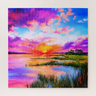 Prachtige Lake Sunset Landschap Schilderij Puzzel Legpuzzel