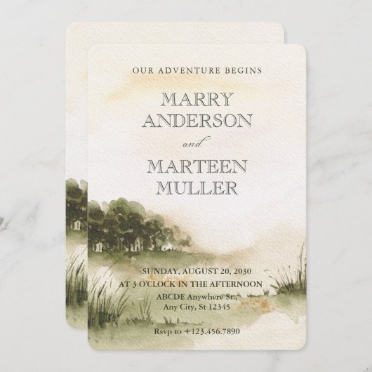 Prachtige landschaps waterverf bruiloft uitnodigin kaart (Voorkant / Achterkant)