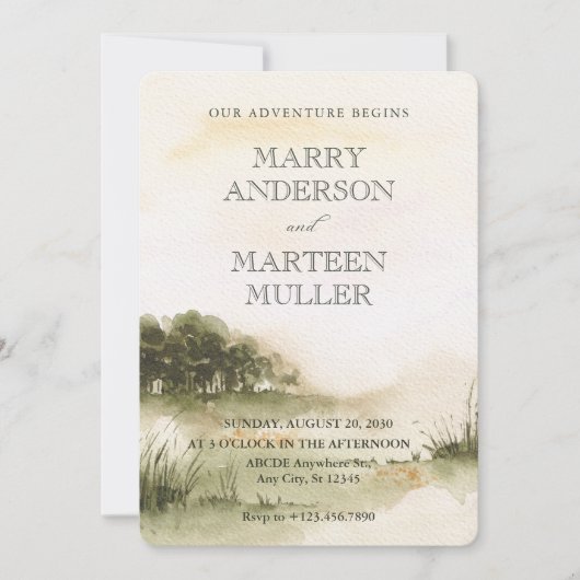 Prachtige landschaps waterverf bruiloft uitnodigin kaart (Voorkant)