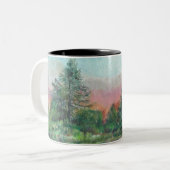 Prachtige landschapskunst Trees Pink Sky Tweekleurige Koffiemok (Voorkant links)