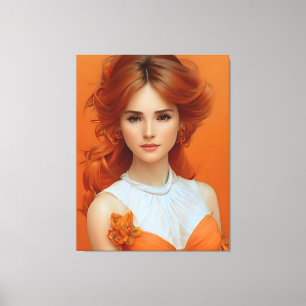 Prachtige Langharige Vrouw in Oranje Mode Model Canvas Afdruk