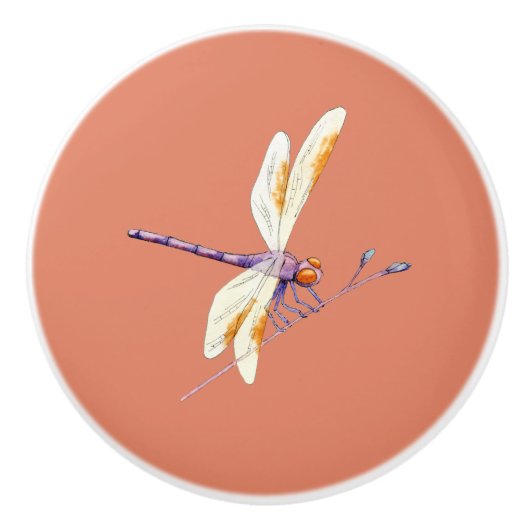 Prachtige libel op tak op Terra Cotta Keramische Knop (Voorkant)