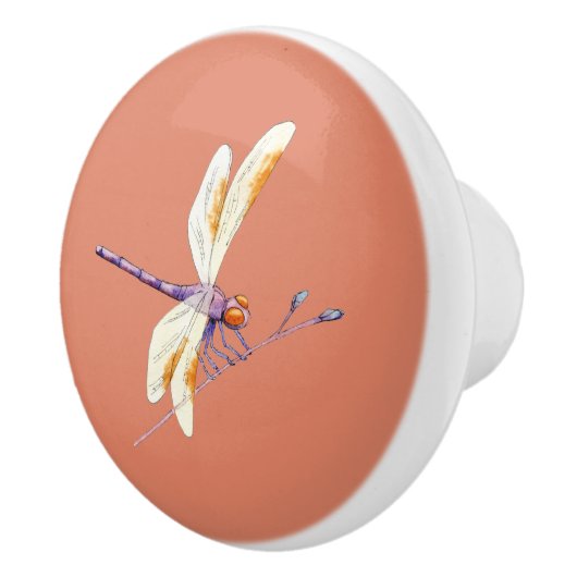 Prachtige libel op tak op Terra Cotta Keramische Knop (Rechts)