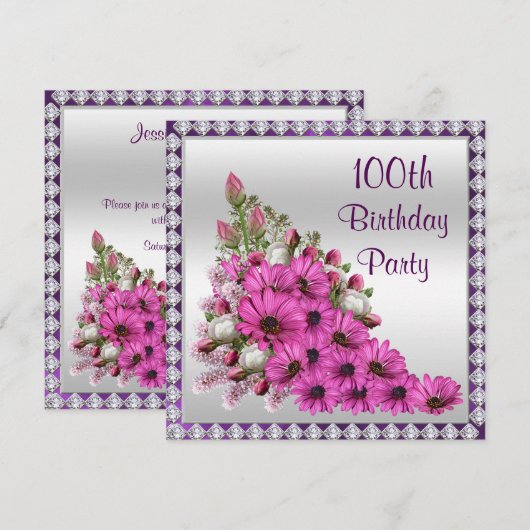 Prachtige Lila Bouquet & Diamonds 100e verjaardag Kaart (Voorkant / Achterkant)