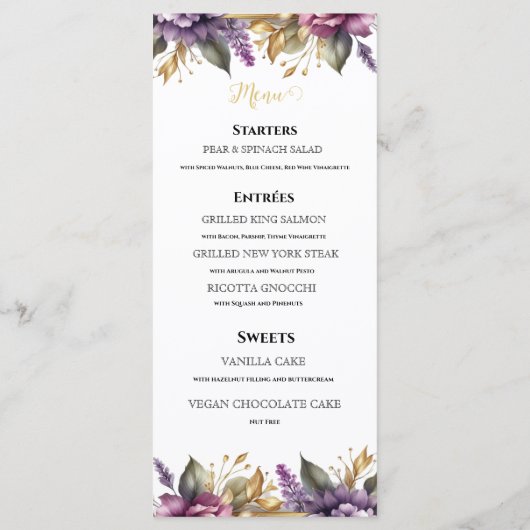 Prachtige Lila en Lavendel Wijngaard Bruiloft Menu (Achterkant)