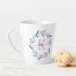 Prachtige Lila Waterverf Floral Wreate Monogram Latte Mok