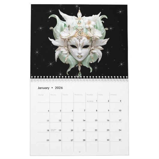 Prachtige Mardi Gras Masquerade Maskers Kalender (Jan 2026)