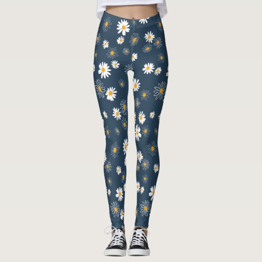 Prachtige marine geel wit klassieke madeliefjes leggings (Voorkant)