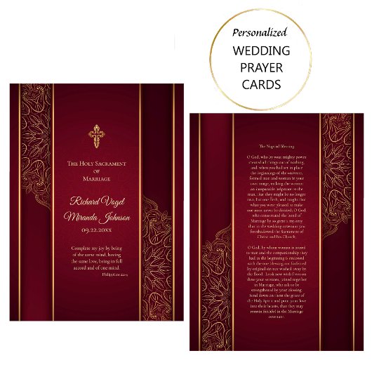 Prachtige Maroon Gold Catholic Wedding Prayer Kaar Plaatskaartje