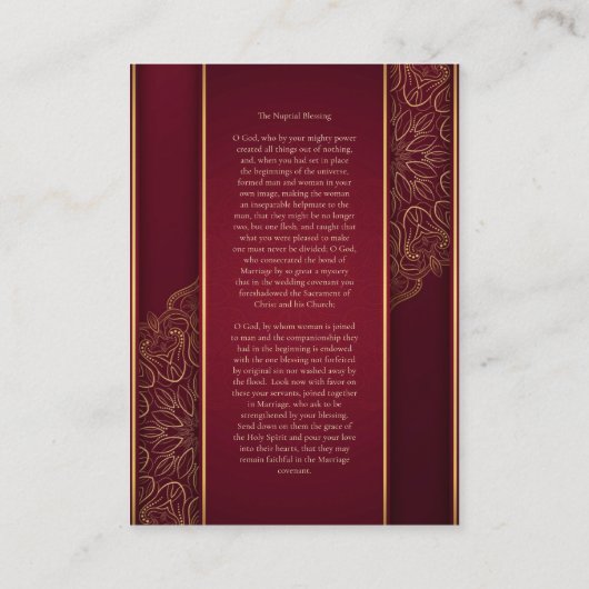 Prachtige Maroon Gold Catholic Wedding Prayer Kaar Plaatskaartje (Achterkant)
