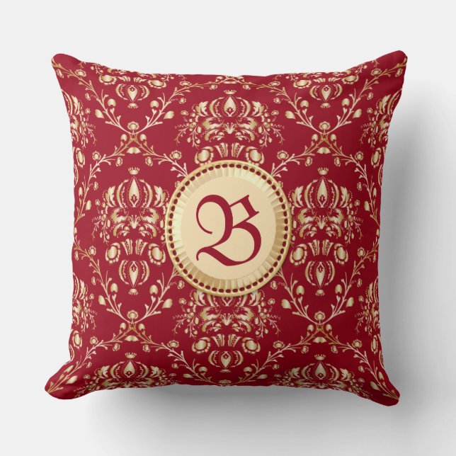 Prachtige middeleeuwse gouden Damask Carmine Red M Kussen (Voorkant)