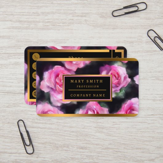 Prachtige moderne Waterverf roze rozen Collectie Visitekaartje (Voorkant / Achterkant in situ)