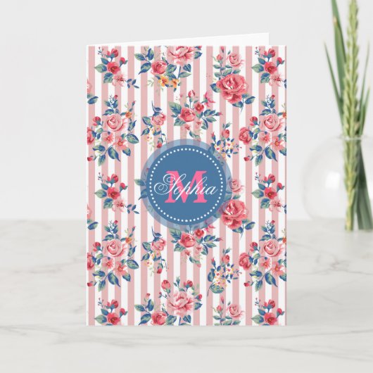 Prachtige  monogram rozen florale strepen notitiekaartje (Voorkant)