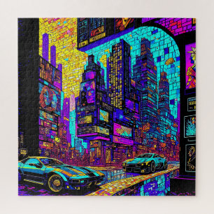 Prachtige Mozaïek Glas in lood Neon Cyberpunk City Legpuzzel