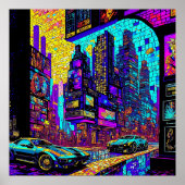 Prachtige Mozaïek Glas in lood Neon Cyberpunk City Poster (Voorkant)