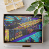 Prachtige Mozaïek Glas in lood Neon Cyberpunk City Tissuepapier (Geschenk)