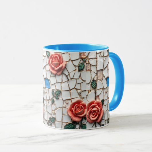 Prachtige Mozaïek Pin en Blauwe Rozen Patroon Mok (Voorkant rechts)