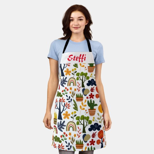Prachtige multiprint met aanpasbare naam schort (Gedragen)