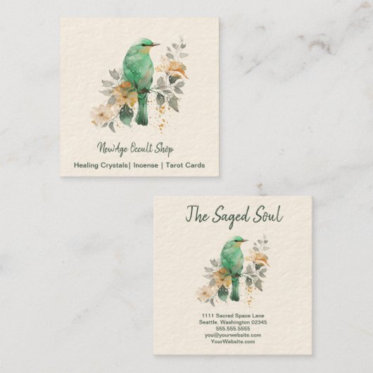 Prachtige munt en gouden vogel en bloemen vierkante visitekaartje (Voorkant / Achterkant)