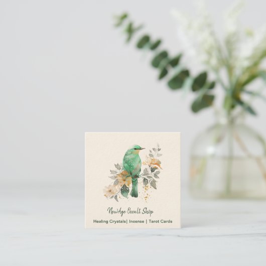 Prachtige munt en gouden vogel en bloemen vierkante visitekaartje (Staand voorkant)