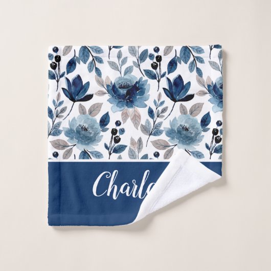 Prachtige naam Navy Blue Floral Pattern Bad Handdoek (Wasdoekje)