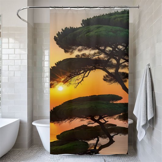 Prachtige Natuur Pine Tree Sunset Green Badkamer Douchegordijn