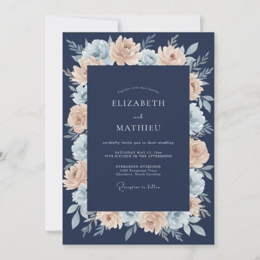 Prachtige Navy Blauwe Zomerbruiloft Kaart (Voorkant)