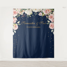 Prachtige navy- en roze roze bloem boho-bruiloft wandkleed