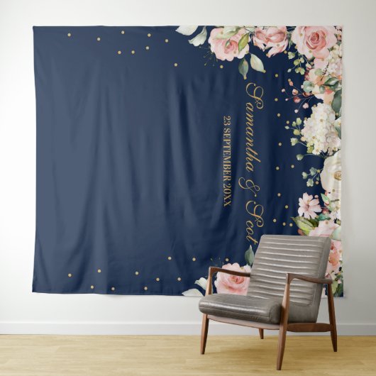 Prachtige navy- en roze roze bloemen boho bruiloft wandkleed (In Situ (horizontaal))
