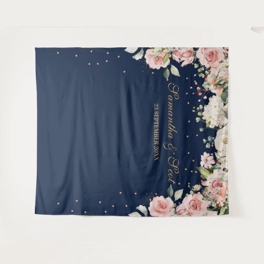 Prachtige navy- en roze roze bloemen boho bruiloft wandkleed (Voorkant (horizontaal))