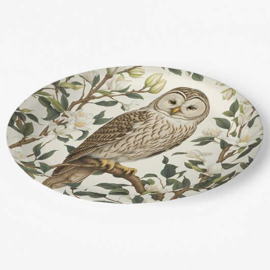 Prachtige Oeral Uil en Magnolia bloesems Papieren Bordje (Gekanteld)