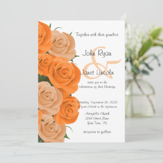 Prachtige Oranje Floral Roos Flower Wedding Kaart (Staand voorkant)