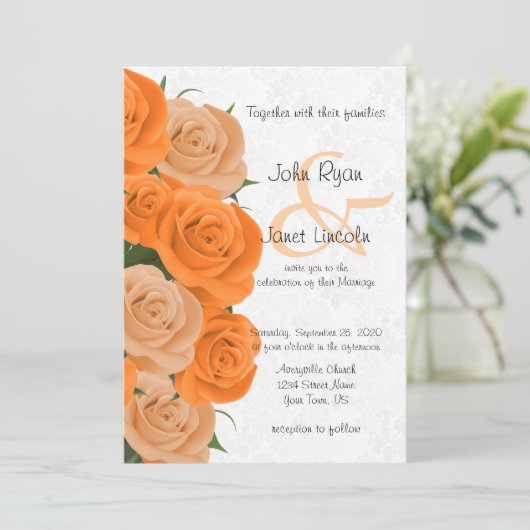 Prachtige Oranje Roos Vloerbruiloft Uitnodigingen  (Staand voorkant)