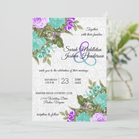 Prachtige Paarse en Blauwgroen bruiloft Kaart (Staand voorkant)