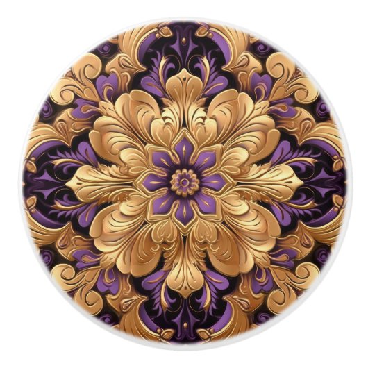 Prachtige Paarse en gouden Floral Keramische Knop (Voorkant)