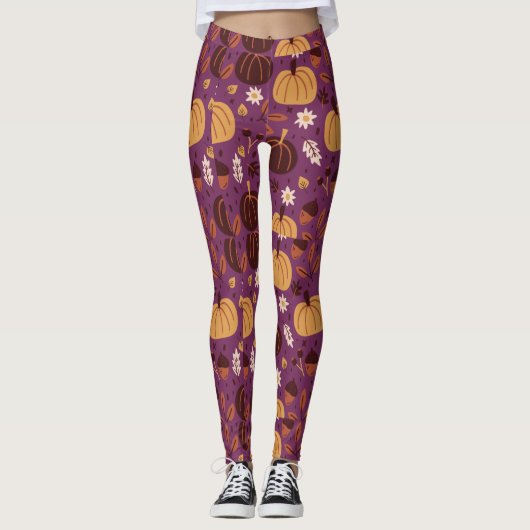 Prachtige Paarse en Oranje pompoenpatroon Leggings (Voorkant)