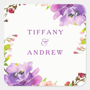 Prachtige Paarse Floral Waterverf Engagement Party Vierkante Sticker