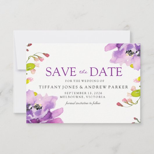 Prachtige Paarse Floral Wedding Save the Date (Voorkant)