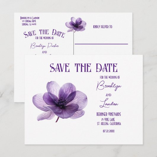 Prachtige Paarse Flower Wedding Save The Date Aankondigingskaart (Voorkant / Achterkant)