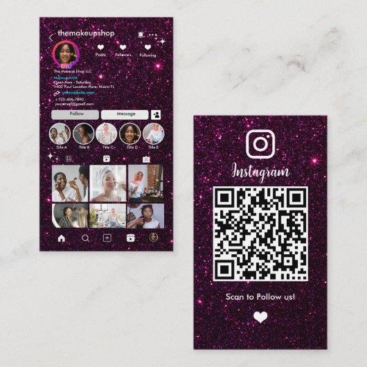 Prachtige Paarse Glitter Instagram QR Code Social Visitekaartje (Voorkant / Achterkant)