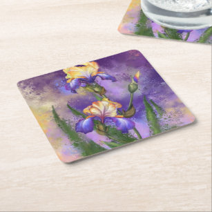 Prachtige Paarse Iris Flower Migned Art Painting Kartonnen Onderzetters