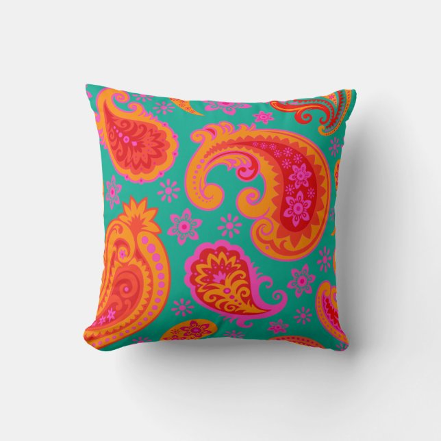 Prachtige Paisley | blauwgroen oranje rood Kussen (Voorkant)