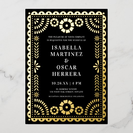 Prachtige Papel Picado Boda bruiloft zwart + goud Folie Uitnodiging (Voorkant)