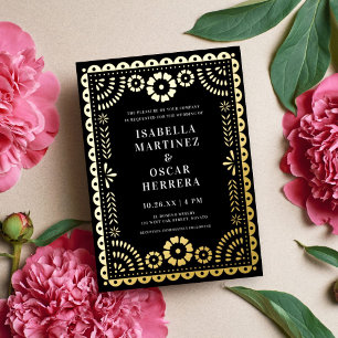 Prachtige Papel Picado Boda bruiloft zwart + goud Folie Uitnodiging
