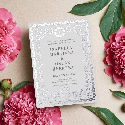 Prachtige Papel Picado Boda Wedding Silver REAL Folie Uitnodiging