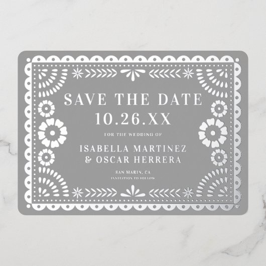 Prachtige Papel Picado bruiloft Bewaar de datum Fo Folie Uitnodiging (Voorkant)
