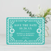 Prachtige  Papel Picado Foto Aqua Wedding Save The Date (Staand voorkant)