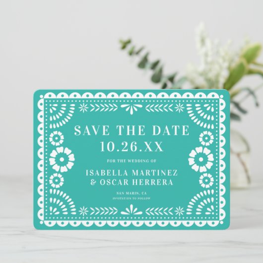 Prachtige  Papel Picado Foto Aqua Wedding Save The Date (Staand voorkant)
