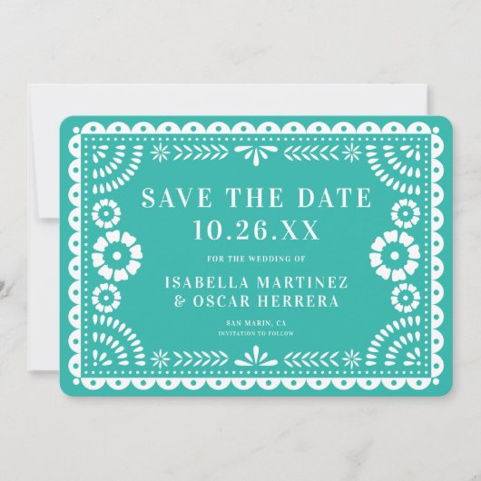 Prachtige  Papel Picado Foto Aqua Wedding Save The Date (Voorkant)